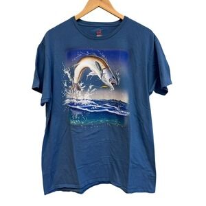 Hanes Men's Fishing T-Shirt Blue Fish Graphic Tee Back Hit‎ Outdoors Size L/XL